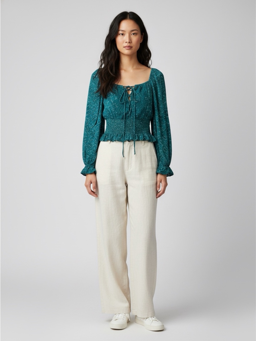 Teal Peasant Tie-Front Blouse
